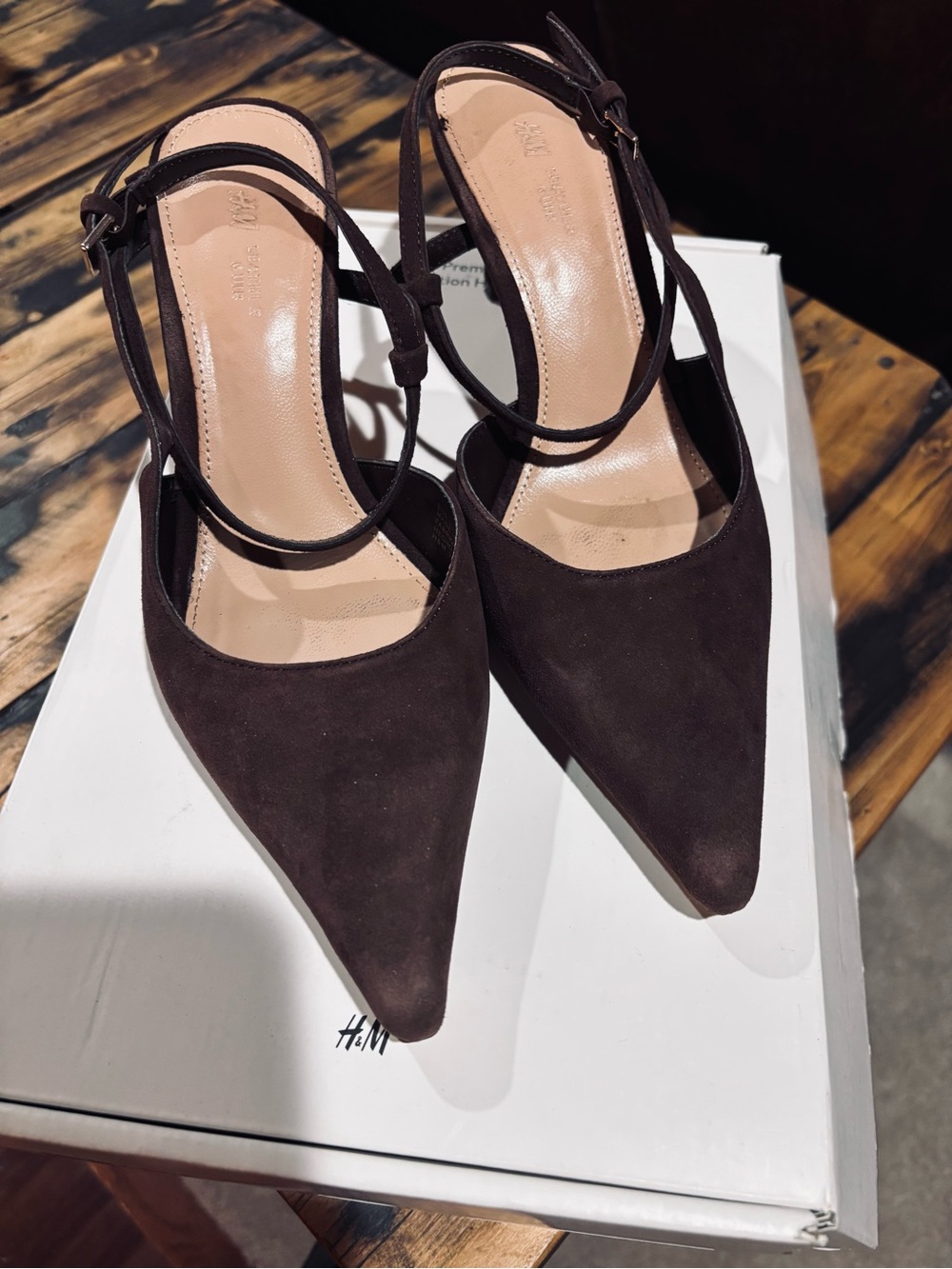 H&M Dark Brown Pointed Suede Ankle-Strap Heels